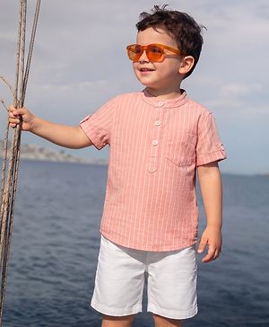 Babyhug Cotton Woven Half sleeves Striped Shirt & Shorts Set - Pink