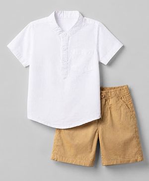 Babyhug Cotton Woven Half Sleeves Solid Shirt & Shorts Set - White