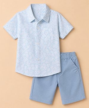 Babyhug Cotton Woven Half Sleeves Shirt and Shorts Set with Floral Print in Light Blue
