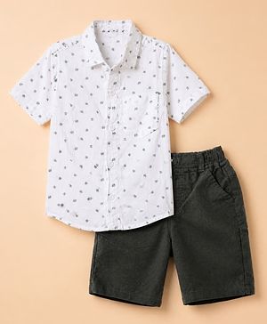 Babyhug Cotton Woven Half Sleeves Shirt and Shorts Set With Leaf Print - White