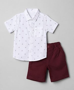 Babyhug Cotton Woven Half Sleeves Printed Shirt and Shorts Set - Maroon & White