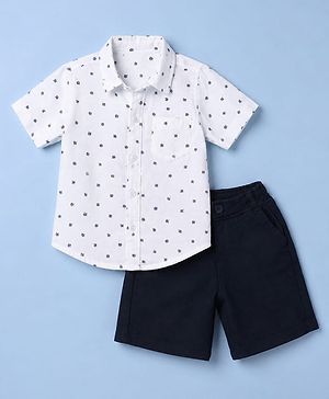 Babyhug Cotton Woven Half Sleeves Printed Shirt and Shorts Set - White & Black