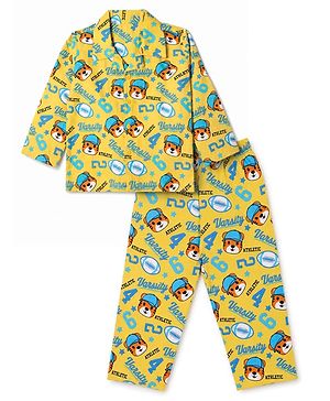 Babyhug Cotton Woven Front Open Full Sleeves Co-ord Shirt & Pajama Night Suit with Tiger & Varsity Numeric Print - Yellow