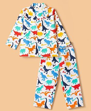 Babyhug Cotton Woven Front Open Full Sleeves Co-ord Shirt & Pajama Night Suit with Dinosaur & Roar Text Print - White