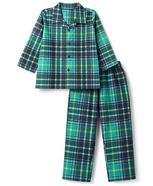 Babyhug 100% Cotton Woven Full Sleeves Checks Co-Ords Shirt & Pyjama Night Suit - Navy Blue & Green