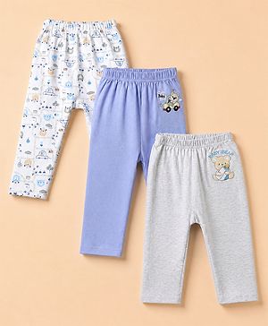 Babyhug Cotton Knit Full Length Diaper Leggings With Animal Print Pack of 3 - Blue Grey White