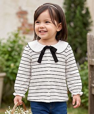 Babyhug 100% Cotton Knit Top with Full Sleeves and Striped Print With Bow Detailing in White