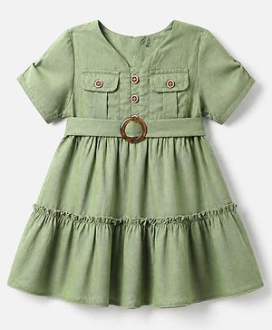 Babyhug Viscose Woven Half Sleeves Tiered Frock with Front Pockets - Green