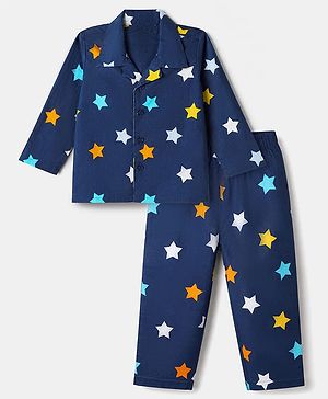 Babyhug Cotton Woven Front Open Full Sleeves Co-ord Shirt & Pajama Night Suit with Stars Print - Navy Blue