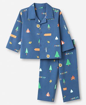 Babyhug 100% Cotton Woven Full Sleeves Co-Ords Shirt & Pyjama Night Suit with Camping Print - Navy Blue