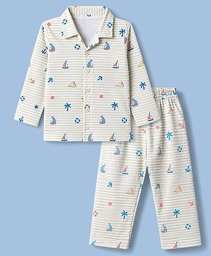 Babyhug Cotton Knit Full Sleeeves Front Open Co Ords Shirt & Pyjama Night Suit With Nautical Theme Print - Brown