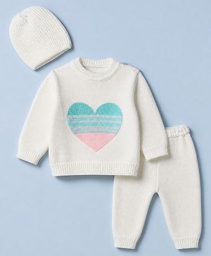 Babyhug Knit Full Sleeves Swater Set With Cap and Heart Embroidered in White