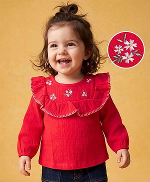 Babyhug 100% Cotton Crinkle Crepe Knit Top with Full Sleeves and Floral Embroidery - Red