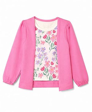 Babyhug 100% Cotton Knit Shrug Top with Full Sleeves and Floral Print - Pink