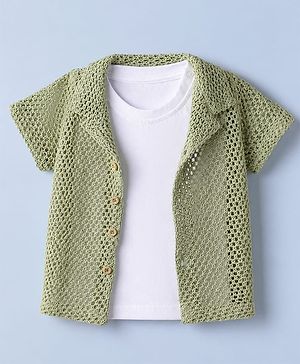 Babyhug 100% Cotton Woven Solid Crochet Shirt with T-Shirt Half Sleeves in Green