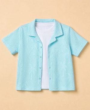 Babyhug 100% Cotton Woven Solid Crochet Shirt and T-Shirt with Half Sleeves and Palm Trees Print in Blue