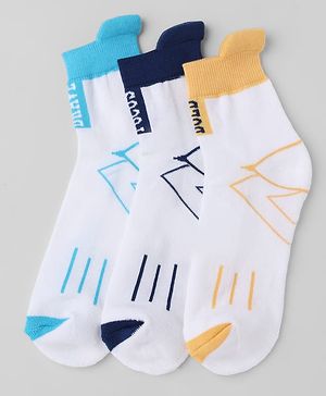 Pine Kids Cotton Knit Ankle Length Socks With Geometric Print Pack of 3 - Navy Blue & Yellow
