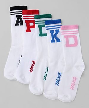Pine Kids Cotton Knit Mid Calf Length Socks With Pine Kids Text Design Pack Of 5 - Black Blue Pink Green & Red