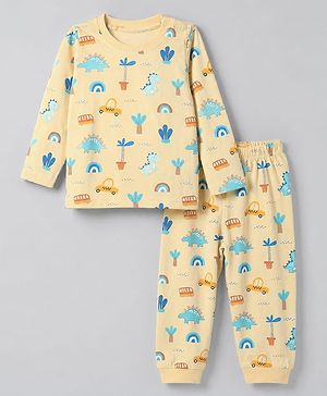 Babyhug Cotton Knit Full Sleeves T-Shirt & Pajama Night Suit with Rainbow & Dinosaur Print - Cream