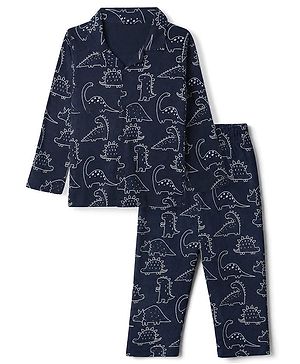Babyhug 100% Cotton Knit Full Sleeves Co-Ords Shirt & Pyjama Night Suit with Dinosaur Print - Navy Blue