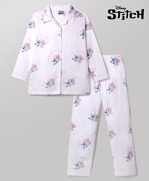 Pine Kids Disney 100% Cotton Woven Front Open Full Sleeves Co-ord Shirt & Pajama Night Suit with Stitch & Angel Print - White