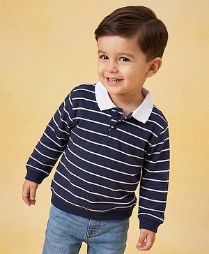 Babyhug Terry Knit Winter T-Shirt with Full Sleeves and Striped Print - Black