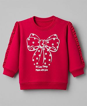Babyhug Heavy Gauge Terry Knit Sweatshirt With Full Sleeves and Bow Print - Red