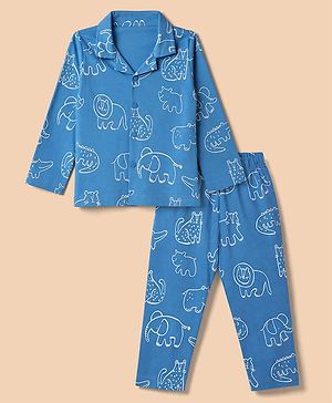 Babyhug 100% Cotton Knit Full Sleeves Co-Ords Shirt & Pyjama Night Suit with Animal Print - Blue