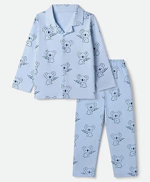 Babyhug 100% Cotton Knit Full Sleeves Co-Ords Shirt & Pyjama Night Suit with Koala Print - Light blue