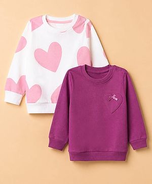 Babyhug 100% Cotton Terry Knit Full Sleeves Heavy Gauge Sweatshirts With Heart Print Pack Of 2 - Pink & Dark Pink