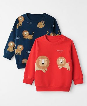 Babyhug 100% Cotton Heavy Gauge Terry Sweatshirts with Full Sleeves and Lion Print Pack of 2 - Red & Navy Blue