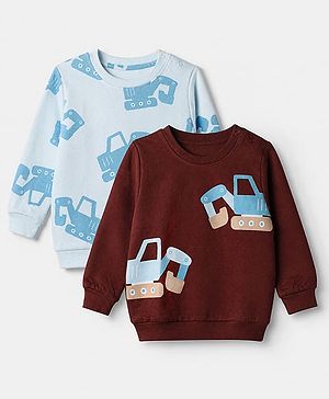 Babyhug 100% Cotton Terry Knit Full Sleeves Heavy Gauge Sweatshirts With Vehicle Print Pack Of 2 - Blue & Maroon