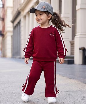 Babyhug 100% Cotton Terry Knit Full Sleeves Top and Pants Set with Amour Print - Maroon