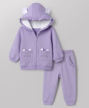 Babyhug 100% Cotton Terry Knit Full Sleeves Hooded Winter Wear Suit With Applique - Lavender
