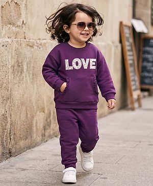 Babyhug 100% Cotton Terry Knit Full Sleeves Top & Joggers Set With Text Print - Purple