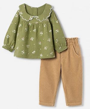 Babyhug 100% Cotton Terry Knit Full Sleeves Top and Pant with Full Length and Floral Print in Green