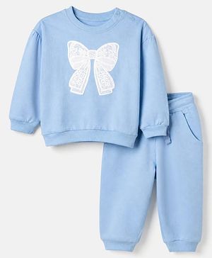 Babyhug 100% Cotton Terry Knit Full Sleeves Top and Jogger Set with Bow Patch in Blue
