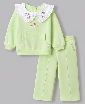 Babyhug 100% Cotton Terry Knit Full Sleeves Top & Pant Set With Floral Embroidery - Limegreen