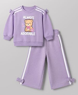 Babyhug 100% Cotton Terry Top and Bottomwear Full Sleeves With Full Length and Bear Applique in Lavender