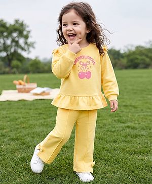 Babyhug 100% Cotton Knit Full Sleeves Cherry Printed Top & Pant Set - Yellow