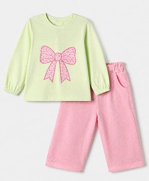 Babyhug 100% Cotton Terry Knit Full Sleeves Top and Palazzo with Bow Embroidery & Heart Print - Light Green & Pink
