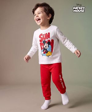 Babyhug Disney Single Jersey Knit Full Sleeves T-Shirt & Pyjama Night Suit Set With Mickey Mouse Graphic & Text Print - White & Red