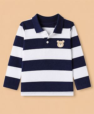 Babyhug 100% Cotton Knit Full Sleeves Polo Striped T-Shirt With Bear Print - White
