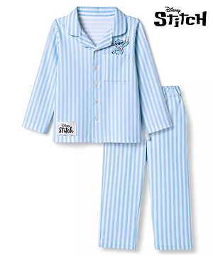 Bonfino Disney 100% Cotton Single Jersey Knit Front Open Half Sleeves Shirt & Pajama Night Suit with Stitch Graphic Print - Light Blue