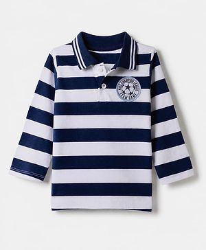 Babyhug 100% Cotton Knit Polo T-Shirt with Full Sleeves and Stripes with Kids Champion League Team Game Text & Football Applique - Navy Blue