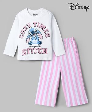 Bonfino Disney Single Jersey Knit Full Sleeves T-Shirt & Striped Pyjama Night Suit with Stitch Graphics - White