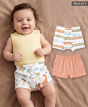 Babyhug 100% Cotton Single Jersey Knit Striped Trunk with Dinosaur Print Pack of 3 - White & Peach