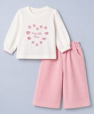 Babyhug 100% Cotton Terry Knit Full Sleeves Top and Culottes with Pretty Little Flower & Floral Applique - White & Pink