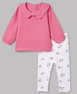 Babyhug 100% Cotton Terry Knit Full Sleeves Top and Leggings with Full Length and Floral Print in White & Pink