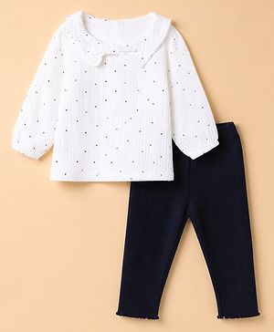 Babyhug 100% Cotton Terry Knit Full Sleeves Top and Leggings Set With Dot Print - White & Navy Blue